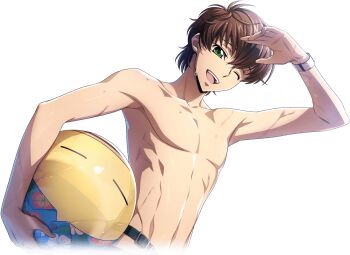 1boy ball belt brown_hair code_geass code_geass:_lost_stories f4samurai game_cg green_eyes happy holding holding_ball kururugi_suzaku male_focus official_art one_eye_closed open_mouth smile solo summer summer_uniform teeth
