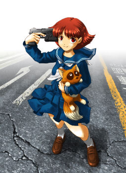 1girl an/peq-6 brown_eyes brown_hair coffeekan crosswalk dog esper_mami female_focus flashlight gun h&amp;k_mark_23 handgun heckler_&amp;_koch insight_technology konpoco laser_aiming_module laser_pointer laser_sight looking_at_viewer match_grade match_grade_firearm match_grade_pistol offensive_handgun pistol road sakura_mami school_uniform shirt shoes short_hair skirt smile socks solo street tactical_light teleportation_gun weapon