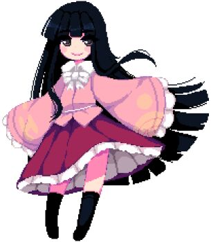 Rule 34 | 1girl, black hair, black socks, blunt bangs, bow, bowtie, dress, frilled dress, frilled sleeves, frills, houraisan kaguya, kneehighs, long hair, long sleeves, lowres, pink robe, red dress, robe, sleeves past fingers, sleeves past wrists, smile, socks, terupancake, third-party source, touhou, transparent, two-tone dress