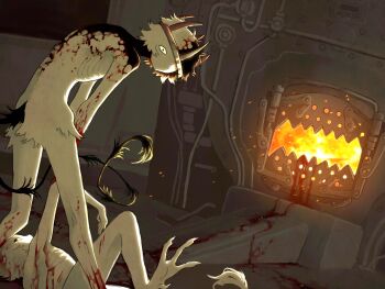 1boy 1other black_fur black_tail blood blood_on_arm crown ember_(jejejunum) fire furnace highres indoors jejejunum looking_at_viewer lying monster_boy multicolored_fur on_side original reincarnation secret_(jejejunum) short_hair standing train white_fur