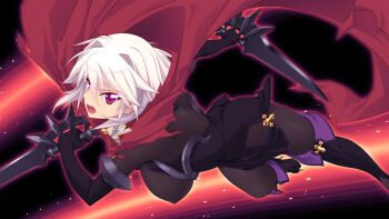 1girl arisia_hellioxenes bodysuit boots breasts cape covered_erect_nipples dual_wielding elbow_gloves game_cg gloves holding knife kourin_tenshi_en_ciel_rena large_breasts large_variant_set non-web_source official_art open_mouth pantyhose purple_eyes red_eyes saitou_natsuki short_hair solo suhamaya sword thigh_boots thighhighs variant_set weapon white_hair