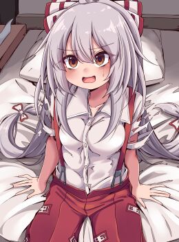 1girl bed blush bow breasts brown_eyes collarbone collared_shirt commentary_request flying_sweatdrops fujiwara_no_mokou grey_hair hair_bow highres long_hair ofuda ofuda_on_clothes on_bed open_mouth pants pillow red_eyes red_pants shirt short_sleeves sitting siw0n solo suspenders sweatdrop textless_version tissue_box torn_clothes torn_sleeves touhou very_long_hair white_bow white_shirt