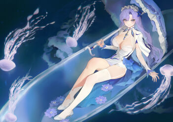 Rule 34 | 1girl, absurdres, blue eyes, blue flower, breasts, cantarella (wuthering waves), closed mouth, commentary, dress, facial mark, flower, from above, hair between eyes, hair flower, hair ornament, headdress, high heels, highres, holding, holding umbrella, jellyfish, kir (khw66136132), kneehighs, large breasts, legwear cutout, long hair, looking at viewer, mark under eye, parasol, purple hair, purple umbrella, shirt, shoes, single kneehigh, single sock, single thighhigh, sitting, smile, socks, solo, thighhighs, thighs, umbrella, very long hair, white dress, white shirt, white shoes, white socks, white thighhighs, wuthering waves
