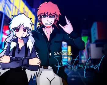 1boy 1girl belt city collared_shirt green_eyes kodoku long_hair long_sleeves lucien_klein mackenzie_napoli night orange_hair original red_eyes sangius sangius_petrified shirt skirt suspender_skirt suspenders white_hair