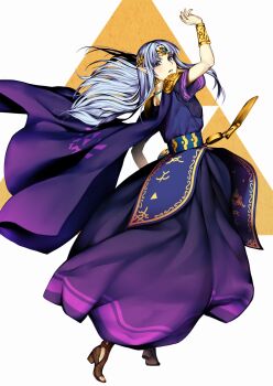 1girl arm_up blue_gem bracelet brown_sandals cape circlet commentary_request dress gem green_eyes grey_hair highres jewelry long_hair looking_at_viewer nintendo official_alternate_color official_alternate_hair_color oki_(koi0koi) parted_lips pointy_ears princess_zelda purple_cape purple_dress sandals solo super_smash_bros. the_legend_of_zelda the_legend_of_zelda:_a_link_between_worlds triforce white_background