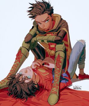 2boys absurdres batman_(series) black_hair blue_eyes boots boy_on_top cape child commentary damian_wayne dc_comics denim english_commentary gloves green_eyes green_footwear green_gloves highres iwakki jeans jonathan_kent looking_at_viewer male_focus multiple_boys pants red_footwear robin_(dc) simple_background sitting sitting_on_person super_sons superboy superman_(series) sweat torn_clothes torn_jeans torn_pants white_background