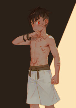 1boy body_markings brown_hair earrings jewelry male_focus nipples original red_eyes ryou_hiryuu short_hair shorts solo sweat toned toned_male topless_male undercut wristband