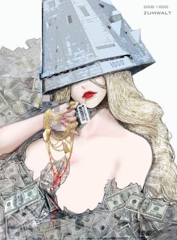 american_flag american_flag_print banknote barcode blonde_hair blood breasts commentary_request dollar_bill facing_viewer flag_nails flag_print gold_necklace hand_up jewelry labombardier! large_breasts long_hair military money mouth_hold nail_art necklace original parted_lips personification price_tag qr_code red_lips unworn_jewelry unworn_necklace uss_zumwalt_(ddg-1000)