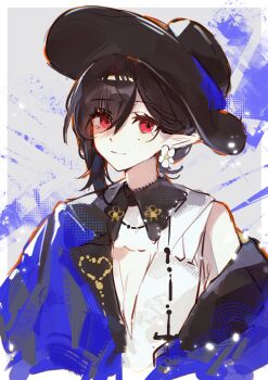 1girl absurdres arknights black_hair black_hat blue_jacket border chasansui chinese_commentary closed_mouth commentary_request earrings entelechia_(arknights) entelechia_(dazzling_blue)_(arknights) flower_earrings grey_background hair_between_eyes hat highres jacket jewelry looking_at_viewer mole mole_under_eye official_alternate_costume pointy_ears red_eyes short_hair smile solo star-shaped_pupils star_(symbol) symbol-shaped_pupils upper_body white_border