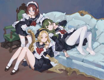 3girls absurdres apron blonde_hair blue_eyes bow bowtie breasts brown_hair couch dress frilled_dress frills glasses green_eyes grey_hair highres long_hair looking_at_viewer lying maid maid_apron maid_headdress multiple_girls on_couch open_mouth original pantyhose red_bow red_bowtie sentter shoes sitting small_breasts standing teeth thighhighs thighs white_pantyhose white_thighhighs yellow_eyes zettai_ryouiki