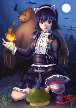 1girl animal_ears annie_(league_of_legends) backpack bag black_hair fingernails fire goth_fashion highres league_of_legends ricegnat shoes short_hair sitting teemo thighhighs tibbers