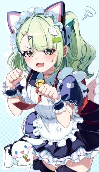 Rule 34 | 1girl, absurdres, animal ear hairband, animal ears, bell, black dress, black garter straps, blue background, blush, cat ear hairband, cat ears, cinnamoroll, commentary request, cowboy shot, dotted background, dress, fake animal ears, frilled dress, frilled sleeves, frills, fuwa fuwa cinnamoroll, garter straps, ghost hair ornament, green eyes, green hair, green nails, hair ornament, hairband, highres, kano3, looking at viewer, maid, maid headdress, multiple hair clips, neck bell, official alternate costume, open mouth, ponytail, red bag, sanrio, sunna (afternoon tea break) (zenless zone zero), sunna (zenless zone zero), sweatdrop, triangle hair ornament, white wings, winged bag, wings, zenless zone zero