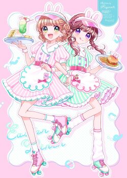 2girls :d :q animal_ears apron blush border bow braid brown_hair burger buttons closed_mouth commentary cup double-breasted dress drinking_glass drinking_straw english_commentary food french_fries frilled_dress frills full_body green_dress green_eyes green_shoes hair_bow hat highres holding holding_tray ice_cream ice_cream_float kuzumochi_(hgnon82) long_hair looking_at_viewer maid_headdress melon_soda multiple_girls open_mouth original outline outside_border pink_border pink_bow pink_dress pink_hat pink_shoes polka_dot polka_dot_background purple_eyes rabbit_ears roller_skates sandwich shoes short_hair short_sleeves signature skates smile socks standing standing_on_one_leg striped_clothes striped_dress tongue tongue_out tray twin_braids twitter_username vertical-striped_clothes vertical-striped_dress visor_cap waist_apron waitress watermark white_apron white_background white_outline white_socks