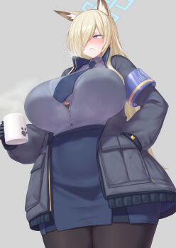 1girl animal_ears armband black_gloves black_jacket blonde_hair blue_archive blue_eyes blue_skirt blush bra bra_peek breasts brown_pantyhose button_gap clenched_teeth cream_cod dog_ears dress_shirt extra_ears gloves grey_shirt hair_over_one_eye halo highres huge_breasts jacket kanna_(blue_archive) long_hair long_sleeves looking_to_the_side necktie open_clothes open_jacket pantyhose pencil_skirt sharp_teeth shirt skirt solo teeth thick_thighs thighs underwear wide_hips