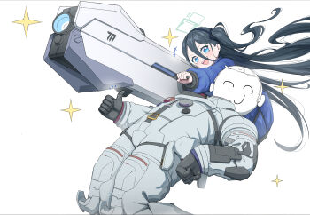 Rule 34 | absurdres, aris (blue archive), black hair, blue archive, blue coat, blue eyes, blue halo, blush, coat, commentary request, cosplay, diana (pragmata), diana (pragmata) (cosplay), doodle sensei (blue archive), hair between eyes, halo, highres, hugh williams, hugh williams (cosplay), jinrou mangfu, leaning back, long hair, long hair between eyes, looking at viewer, open mouth, padded coat, pragmata, railgun, sensei (blue archive), side ponytail, smile, spacesuit, thumbs up, very long hair