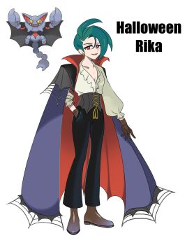 1girl ahoge alternate_costume androgynous black_pants breasts bright_pupils brown_gloves coat ear_piercing earrings gen_4_pokemon gliscor gloves green_hair grey_sash grey_shirt halloween_costume highres jewelry kanu_(dekanuchanyan) long_hair long_sleeves multicolored_coat nintendo pants piercing pokemon pokemon_sv ponytail puffy_long_sleeves puffy_sleeves purple_coat red_coat red_eyes reverse_trap rika_(pokemon) shirt small_breasts smile solo spider_web_pattern triangle_earrings two-tone_coat v-neck vampire_costume