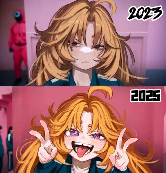 1girl 2023 2025 absurdres antenna_hair before_and_after commentary_request double_v freckles frown highres meme open_mouth orange_hair original parody purple_eyes raised_eyebrow smile solo_focus spanish_commentary squid_game tongue tongue_out tooth_gap v vlizz year_1_&amp;_year_2_(squid_game)_(meme)