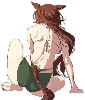 1girl animal_ears ass back barefoot bikini breasts brown_hair from_behind green_bikini highres horse_ears horse_girl horse_tail itsuyoitsuyo large_breasts long_hair sideboob simple_background sirius_symboli_(umamusume) sitting soles solo swimsuit tail toes umamusume white_background