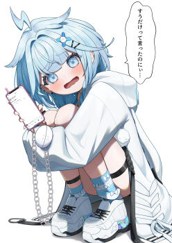 1girl absurdres ahoge blue_eyes blue_hair blush braid commentary_request crying hair_ornament highres holding holding_phone hololive jacket looking_at_viewer lunch_boxer mizumiya_su open_mouth phone piercing shirt shoes simple_background socks solo speech_bubble virtual_youtuber white_background white_jacket white_shoes