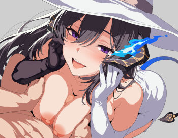 1boy 1girl :d asymmetrical_gloves black_gloves black_hair black_horns blue_fire blue_tail breasts censored cleavage commentary_request demon_tail dress fire gloves grey_background hands_on_own_face hat hetero highres honkai:_star_rail honkai_(series) horns large_breasts long_hair looking_at_viewer mismatched_gloves mosaic_censoring nipples open_mouth paid_reward_available paizuri penis purple_eyes revision simple_background smile sun_hat tail takashia the_dahlia_(honkai:_star_rail) unfinished white_dress white_gloves white_hat