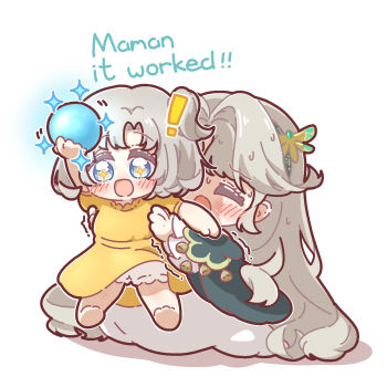 ! +_+ 2girls :d aged_down arm_up armpit_hug ball barefoot beryl_bouanich black_cloak bloomers blue_eyes blush carrying carrying_person chibi cloak closed_eyes clothes_lift crystal_ball dragonfly_hair_ornament dress dress_lift english_text grey_hair highres holding holding_ball long_hair matilda_bouanich medium_hair mother_and_daughter multiple_girls nijiiro_diary one_side_up open_mouth reverse:1999 short_sleeves smile sparkle sweat trembling underwear white_background white_bloomers white_dress wind wind_lift yellow_dress