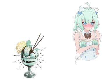 1girl @_@ adapted_costume ahoge arm_under_breasts bare_arms bare_shoulders blue_eyes blush bow bowtie brown_bow brown_bowtie center_frills commentary covering_chest covering_privates cropped_torso detached_collar dress embarrassed english_commentary food frilled_dress frills full-face_blush ghost_girl gradient_hair green_dress green_hair hair_ornament hairclip highres ice_cream implied_lactation indie_virtual_youtuber maid maid_headdress mint_chocolate mint_fantome mint_fantome_(minto_2.0) multicolored_hair parfait pointy_ears short_hair simple_background solo striped_clothes striped_dress suspicious_egg_dish syxh trembling triangular_headpiece twintails underbust vertical-striped_clothes vertical-striped_dress virtual_youtuber waitress wavy_hair wavy_mouth white_background x_hair_ornament