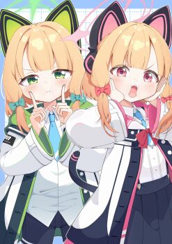 2girls animal_ear_headphones animal_ears black_shorts black_skirt blonde_hair blue_archive blue_necktie blush bow bowtie cat_ear_headphones cat_ears fake_animal_ears fake_tail green_eyes green_halo hair_bow halo hashtag-only_commentary headphones highres jacket long_sleeves looking_at_viewer mashi_stkt midori_(blue_archive) momoi_(blue_archive) multiple_girls necktie open_mouth pink_halo red_bow red_bowtie shirt short_hair shorts siblings sisters skirt tail twins white_jacket