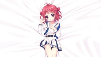 1girl :o antenna_hair belt black_belt blue_ribbon blush breasts brown_eyes buttons collarbone cowboy_shot crossed_legs dot_nose double-breasted dress film_grain from_above game_cg hair_rings hand_on_own_chest hand_up izumi_tsubasu long_sleeves looking_at_viewer lying non-web_source official_art on_back open_mouth re:stage! red_hair ribbon sailor_collar school_uniform short_hair small_breasts solo sorano_neon white_dress white_sailor_collar