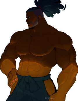 1boy abs bara beard blue_pants clothing_cutout collarbone commentary cowboy_shot dark-skinned_male dark_skin dreadlocks english_commentary facial_hair guilty_gear guilty_gear_strive hand_on_own_hip highres hip_vent large_pectorals looking_to_the_side male_focus muscular muscular_male nagoriyuki navel nipples pants pectorals ponytail profile sash simple_background solo twitter_username ultineet white_background