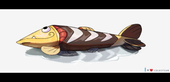 animal_focus arrokuda artist_name closed_mouth coldsteam commentary_request fang fish full_body gen_8_pokemon letterboxed lying nintendo no_humans on_side pokemon pokemon_(creature) pokemon_focus puddle simple_background smile solo water white_background