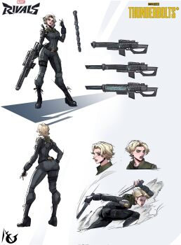 Rule 34 | 1girl, angrey 21, belt, black belt, black bodysuit, blonde hair, bodysuit, commentary, english commentary, gun, highres, marvel, marvel rivals, short hair, solo, striped bodysuit, superhero costume, thunderbolts (movie), weapon, yelena belova