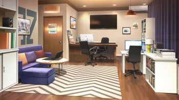 air_conditioner bag book bookshelf ceiling_light chair computer couch curtains door drawer highres indoors lamp laptop monitor no_humans non-web_source office office_chair official_art our_life:_beginnings_and_always paper photo_(object) pillow rug scenery swivel_chair television wooden_floor