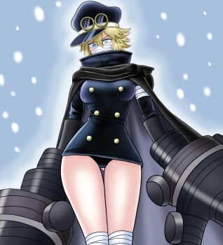 1girl absurdres bandages bandages_over_mouth black_cape black_dress black_panties blonde_hair blue_eyes cape commentary dress gluteal_fold goggles goggles_on_headwear gunko hat helga highres mask mouth_mask one_piece panties short_hair solo thigh_gap thighs underwear