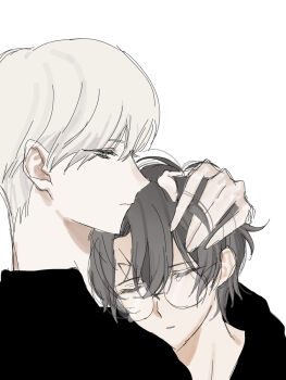 2boys closed_eyes closed_mouth crying draco_malfoy eyelashes eyes_visible_through_hair glasses hair_between_eyes hand_on_another's_head harry_potter harry_potter_(series) lightning_bolt_symbol male_focus multiple_boys pixiv_id_82740212 profile scar scar_on_face scar_on_forehead simple_background tears white_background wizarding_world