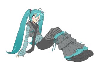 1girl absurdres blue_eyes blue_hair blush_stickers crop_top full_body gaengxgaeng glasses hair_ornament hatsune_miku highres knees_up layered_shirt layered_sleeves leg_warmers long_hair long_sleeves pantyhose red-framed_eyewear scarf shirt short_over_long_sleeves short_sleeves skirt sleeves_past_wrists smile solo striped_clothes striped_pantyhose striped_shirt twintails very_long_hair vocaloid