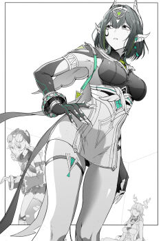 3girls antlers bangle bracelet braid braided_hair_rings breasts commentary_request detached_sleeves dress facial_mark genshin_impact goggles goggles_on_head greyscale hair_ornament hair_over_one_eye hair_rings hand_on_own_hip hat highres horns jahoda_(genshin_impact) jewelry lauma_(genshin_impact) long_sleeves miniskirt monochrome multiple_girls nefer_(genshin_impact) parted_lips pointy_ears round_eyewear short_shorts shorts single_thighhigh skirt spot_color strap syatey thighhighs thighs torn_clothes torn_thighhighs