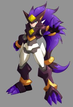 alternate_color armor commentary cosplay crossover english_commentary full_body gen_5_pokemon green_eyes grey_background highres mega_man_(series) mega_man_zx nintendo outstretched_arm parody pokemon power_armor purple_claws purple_hair science_fiction shiny_pokemon simple_background standing style_parody ultimatemaverickx weapon zoroark zoroark_(cosplay)