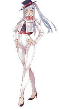 1girl absurdres belt black_hat black_shoes creamyghost girls&#039;_frontline hat high_heels highres hk416_(girls&#039;_frontline) long_hair nail_polish panties ponytail red_belt shoes solo standing underwear white_panties