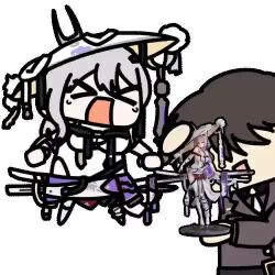 1boy 1girl animated bodysuit breasts chibi commander_(nikke) figure goddess_of_victory:_nikke grey_hair hat inset jingasa large_hat long_hair medium_breasts meme open_mouth scarlet_(nikke) seseren sword tagme video weapon white_bodysuit