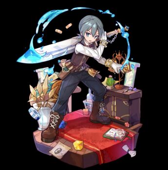 1boy belt belt_pouch black_background black_pants boots bottle bow bowtie brown_boots brown_vest cactus collared_shirt fighting_stance flower_pot full_body gloves grey_eyes grey_hair highres holding holding_sword holding_weapon huge_weapon long_sleeves lorenzo_(merc_storia) merc_storia merc_storia_art_team motion_lines official_art open_mouth pants paper pouch purple_bow red_carpet shirt simple_background solo standing sword tachi-e tsurime v-shaped_eyebrows vest water weapon white_gloves white_shirt wooden_floor