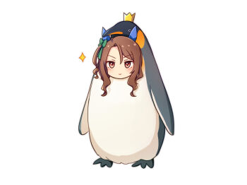 1girl animal_costume animal_ears animal_hood bird bird_costume blush bow brown_hair closed_mouth crown ear_bow ear_covers ear_ribbon emperor_penguin green_bow hair_between_eyes highres hood hood_up horse_ears horse_girl king_halo_(umamusume) long_hair looking_at_viewer neko_senshi penguin penguin_costume penguin_hood red_eyes smile solo umamusume