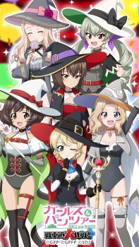 Rule 34 | 6+girls, akiyama yukari, anchovy (girls und panzer), arm up, ascot, bare shoulders, belt buckle, black boots, black bow, black cape, black capelet, black gloves, black leotard, blonde hair, blue ascot, blue eyes, blue leotard, blush, boots, bow, bracelet, braid, breasts, bridal gauntlets, brown eyes, brown hair, buckle, candy, cape, capelet, center opening, chain, choker, cleavage, cleavage cutout, closed eyes, clothing cutout, collarbone, commentary request, confetti, copyright name, corset, curtained hair, darjeeling (girls und panzer), detached collar, drill hair, elbow gloves, expressionless, fluffy hair, food, frilled leotard, frills, fur-trimmed capelet, fur trim, girls und panzer, girls und panzer senshadou daisakusen!, gloves, gold chain, gold trim, green cape, green gloves, green hair, grey boots, grey cape, grey capelet, grey hat, grey leotard, grey robe, hair bow, hand on own chin, hand on own hip, hat, hat belt, hat bow, hat ribbon, high heels, highres, holding, holding candy, holding food, holding lollipop, holding staff, jewelry, kay (girls und panzer), leg ribbon, legs, leotard, lollipop, long hair, long sleeves, looking at viewer, marie (girls und panzer), medium hair, messy hair, multicolored leotard, multiple girls, nishizumi maho, official art, one eye closed, open mouth, pink bow, pink ribbon, purple bow, red background, red bow, red cape, red eyes, red leotard, ribbon, robe, short hair, side cutout, smile, sparkle, staff, standing, swept bangs, thigh boots, thigh ribbon, thigh strap, thighhighs, thighs, twin drills, two-tone cape, two-tone leotard, wavy hair, white cape, white hat, white leotard, white thighhighs, wide sleeves, witch hat