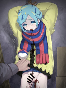 2boys arms_up bar_censor bare_legs bdsm blood blood_drip blood_from_mouth blood_on_face blood_on_ground blood_on_leg blood_on_penis blue_scarf blue_shirt bondage bottomless bound bound_wrists box cardboard_box castration censored clothes_grab concrete crying crying_with_eyes_open dirty dirty_clothes drooling facing_viewer flaccid grey_sweater grusha_(pokemon) guro half-closed_eyes hand_on_another's_waist highres holding injection injury jacket looking_at_object looking_at_penis looking_down male_focus min_(myna8247) multiple_boys nintendo outdoors penis poke_ball pokemon pokemon_sv pov red_scarf restrained reverse_ryona rope saliva scarf shirt streaming_tears striped_clothes striped_scarf sweater swept_bangs tearing_up tears testicles tied_up_(nonsexual) tongue tongue_out torture trembling trembling_legs twitching_penis upright_restraints yellow_jacket