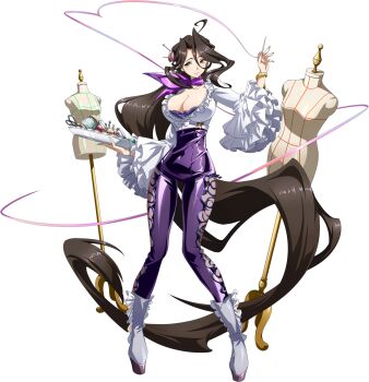 1girl absurdly_long_hair bodysuit bodysuit_under_clothes boots breasts brown_hair cleavage closed_mouth collarbone curtained_hair dress_form embroidery floating_hair frilled_boots frilled_sleeves frills full_body game_cg hair_between_eyes hand_up highres holding holding_needle holding_sewing_needle holding_tray huge_breasts langrisser langrisser_mobile light_smile long_bangs long_hair long_sleeves looking_at_viewer mannequin needle official_alternate_costume official_art pincushion platform_boots platform_shoes purple_bodysuit purple_scarf scarf scissors second-party_source sewing sewing_kit sewing_needle sewing_pin shirt simple_background solo spool standing string tachi-e tailor tape_measure thread tourmilque_(langrisser) transparent_background tray very_long_hair white_boots white_shirt wide_sleeves yellow_eyes