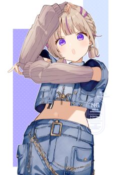Rule 34 | 1girl, absurdres, arm up, belt, belt buckle, blue belt, blue jacket, blue pants, brown gloves, brown hair, buckle, commentary request, crop top, cropped jacket, denim, denim jacket, detached sleeves, fingerless gloves, gloves, highres, hololive, hololive dev is, jacket, jeans, long sleeves, looking at viewer, midriff, multicolored hair, navel, open clothes, open jacket, pants, parted lips, puffy long sleeves, puffy sleeves, purple eyes, purple hair, short sleeves, signature, sleeves past wrists, sofra, solo, streaked hair, teeth, todoroki hajime, todoroki hajime (flashpoint), twitter username, upper teeth only, virtual youtuber, watermark