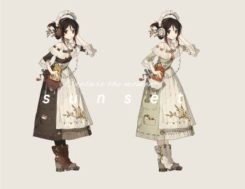 Rule 34 | 1girl, absurdres, boots, brown boots, brown dress, brown eyes, brown hair, clock, closed mouth, clothing cutout, dress, flower, frills, full body, hair between eyes, hair ornament, hair stick, hand on headphones, headphones, highres, looking at viewer, original, pocket, shen a fang, short sleeves, shoulder cutout, sidelocks, simple background, standing, variations, watermark, white boots, yellow flower