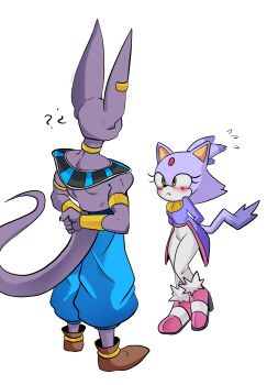 absurdres animal_ears armlet arms_behind_back beerus blaze_the_cat blush bracelet cat_ears cat_tail commentary dragon_ball dragon_ball_super earrings english_commentary forehead_jewel from_behind fur-trimmed_shoes high_heels highres jewelry ponytail purple_fur simple_background sonic_(series) tail white_background xao yellow_eyes