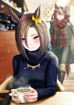 2girls air_groove_(umamusume) animal_ears blue_eyes blue_sweater blush bow breasts brown_hair brown_pants closed_mouth coat coffee coffee_mug commentary_request cup ear_bow ear_chain earrings food green_coat hair_between_eyes hands_in_pockets highres horse_ears horse_girl horse_tail jewelry linked_piercing long_hair long_sleeves medium_breasts mug multicolored_hair multiple_girls open_mouth otono_(bkt4b) pants piercing purple_eyes red_scarf scarf short_hair single_earring sitting smile steaming_cup streaked_hair sweater symboli_rudolf_(umamusume) tail umamusume white_hair