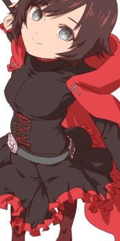 1girl aonori_misuji black_hair breasts cape closed_mouth dress flower grey_eyes looking_at_viewer medium_breasts pantyhose red_hair rose ruby_rose rwby short_hair simple_background skirt smile solo white_background