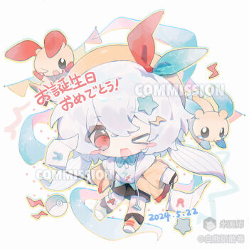 1girl ;d bai_xiong_nailaojuan black_shorts blue_shirt blush_stickers chibi chibi_only commission double-parted_bangs flag full_body gen_3_pokemon hair_between_eyes hair_ornament hat highres holding holding_flag jacket long_sleeves looking_at_viewer mihuashi_username minun nintendo one_eye_closed open_mouth orange_shoes original plusle poke_ball pokemon pokemon_(creature) red_eyes shirt shoes short_hair shorts smile standing star_(symbol) star_hair_ornament white_hair yellow_hat yellow_jacket